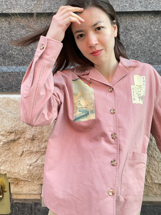 Oaklee - Open Collar Shirt Jacket with Japanese Old Art Print - Old Rose