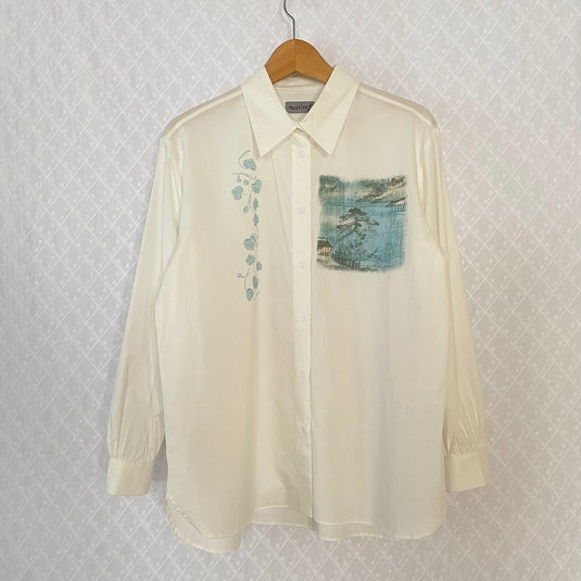 Willa - Pointed Collar Shirt with Asian Painting Print - White