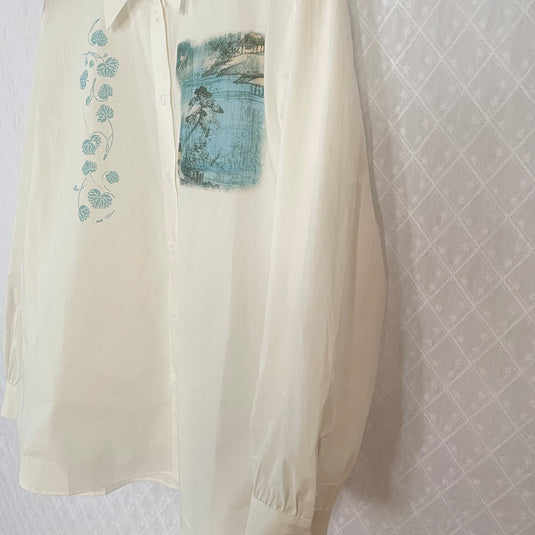 Willa - Pointed Collar Shirt with Asian Painting Print - White