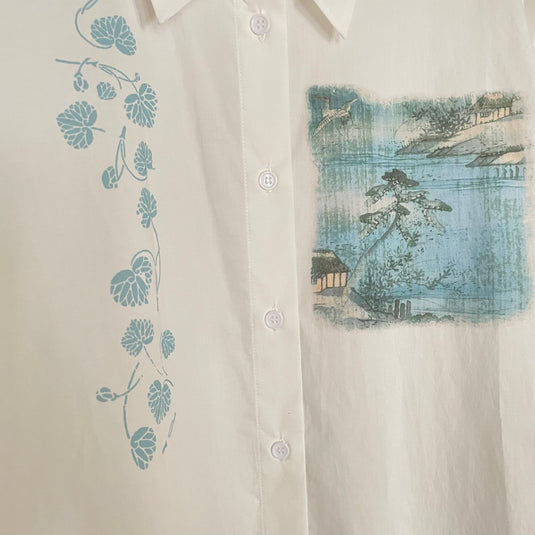 Willa - Pointed Collar Shirt with Asian Painting Print - White