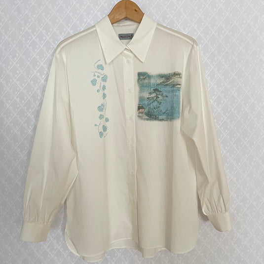 Willa - Pointed Collar Shirt with Asian Painting Print - White