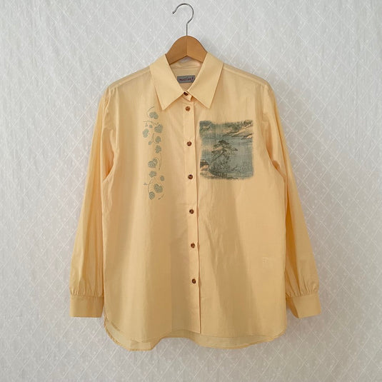 Willa - Pointed Collar Shirt with Asian Painting Print - Hazel
