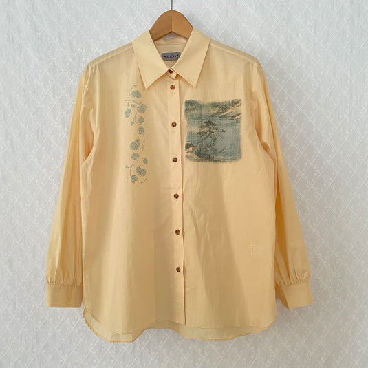 Willa - Pointed Collar Shirt with Asian Painting Print - Hazel
