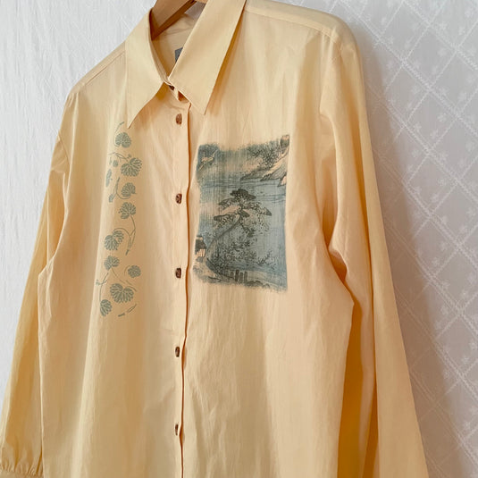 Willa - Pointed Collar Shirt with Asian Painting Print - Hazel