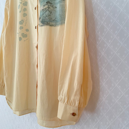 Willa - Pointed Collar Shirt with Asian Painting Print - Hazel