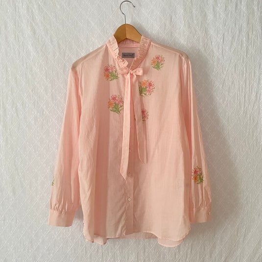 Miley - Ruffle and Ribbon Neck with Cosmos Flower Print - Light Rose