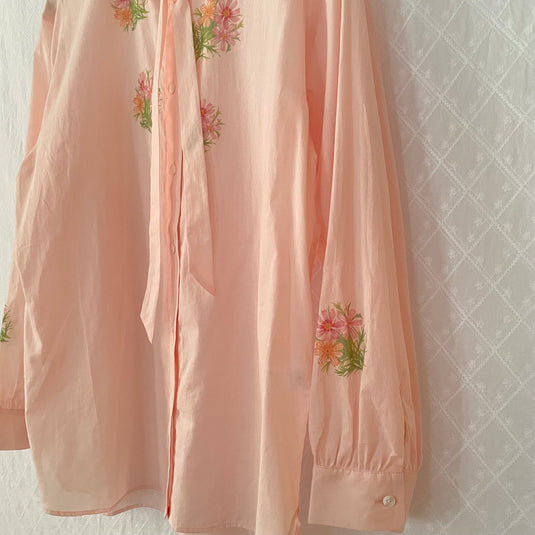 Miley - Ruffle and Ribbon Neck with Cosmos Flower Print - Light Rose