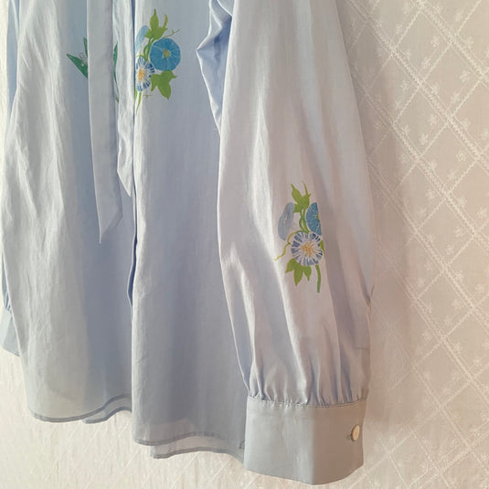 Claire - Ruffle and Ribbon Neck Blouse with Morning Glory Flower Print - Aqua
