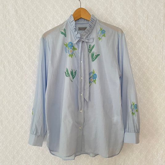 Claire - Ruffle and Ribbon Neck Blouse with Morning Glory Flower Print - Aqua