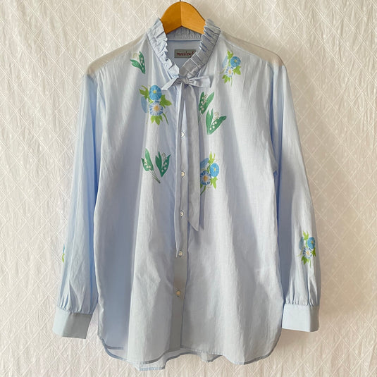 Claire - Ruffle and Ribbon Neck Blouse with Morning Glory Flower Print - Aqua