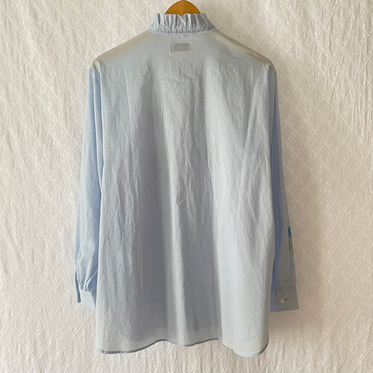 Claire - Ruffle and Ribbon Neck Blouse with Morning Glory Flower Print - Aqua