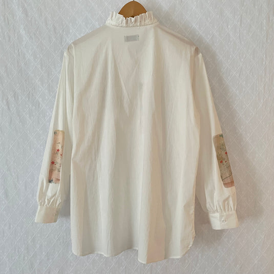 Remi - Ruffle and Ribbon Neck Blouse with Panel Art Print - White