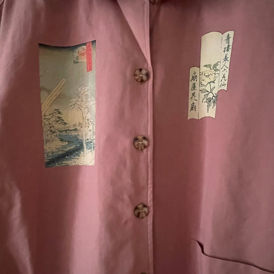 Oaklee - Open Collar Shirt Jacket with Japanese Old Art Print - Old Rose