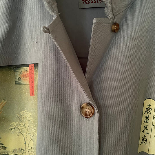 Oaklee - Open Collar Shirt Jacket with Japanese Old Art Print - Steel Blue