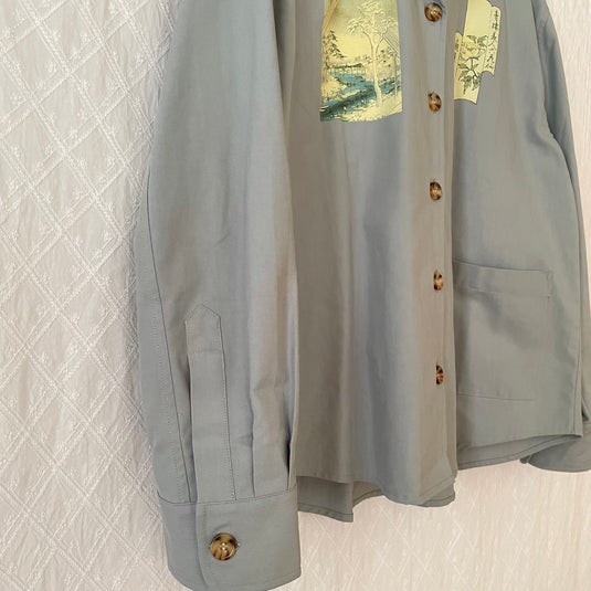 Oaklee - Open Collar Shirt Jacket with Japanese Old Art Print - Steel Blue