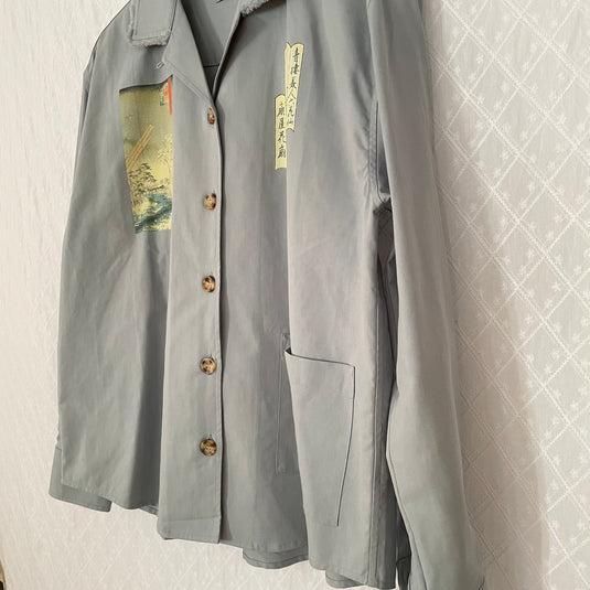Oaklee - Open Collar Shirt Jacket with Japanese Old Art Print - Steel Blue