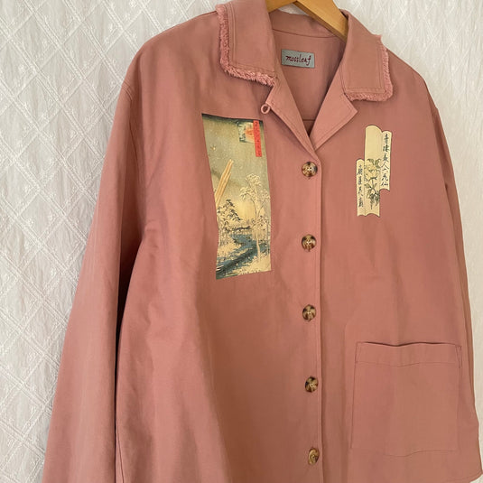Oaklee - Open Collar Shirt Jacket with Japanese Old Art Print - Old Rose