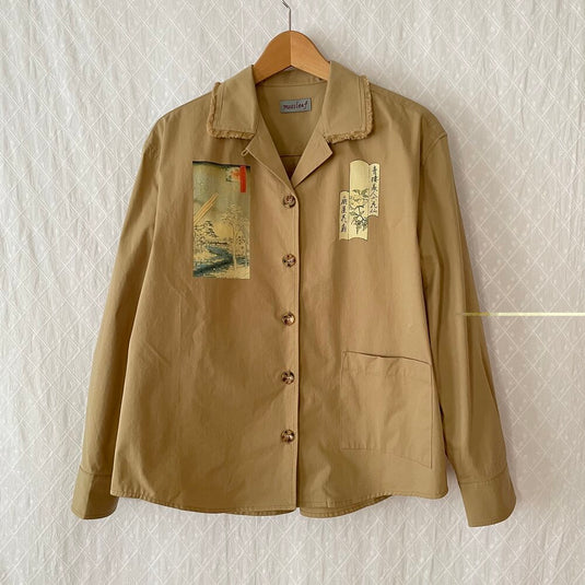 Oaklee - Open Collar Shirt Jacket with Japanese Old Art Print - Pear