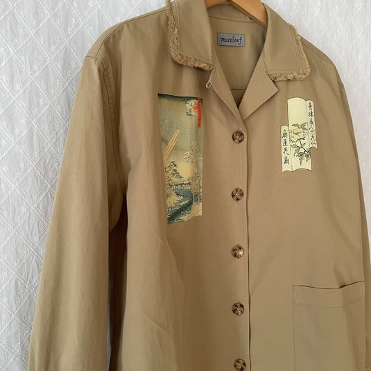 Oaklee - Open Collar Shirt Jacket with Japanese Old Art Print - Pear