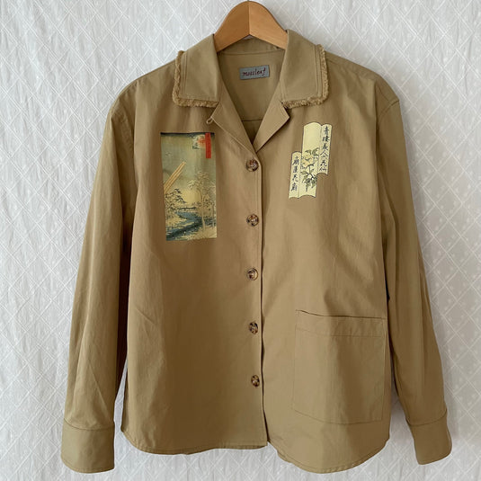 Oaklee - Open Collar Shirt Jacket with Japanese Old Art Print - Pear