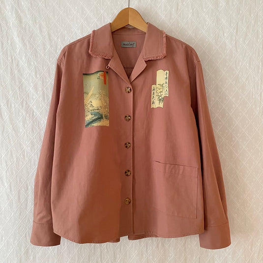 Oaklee - Open Collar Shirt Jacket with Japanese Old Art Print - Old Rose