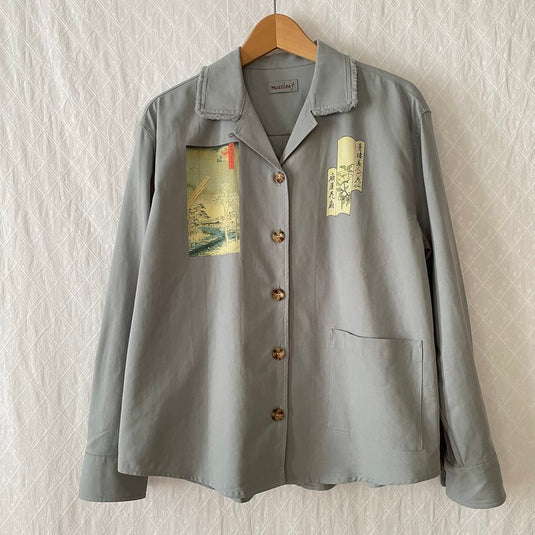 Oaklee - Open Collar Shirt Jacket with Japanese Old Art Print - Steel Blue