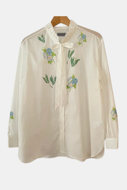 Claire - Ruffle and Ribbon Neck Blouse with Morning Glory Flower Print - White