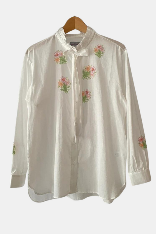 Miley - Ruffle and Ribbon Neck Blouse with Cosmos Flower Print - White