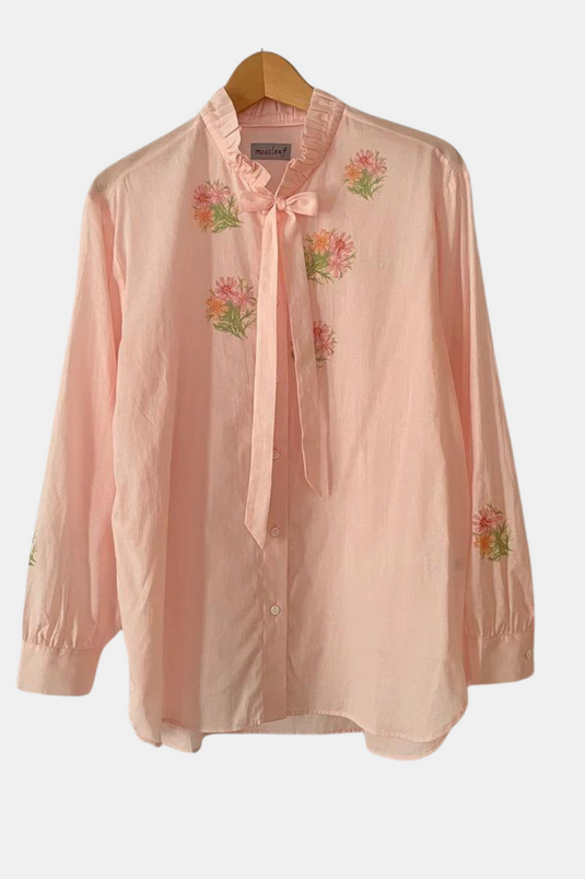 Miley - Ruffle and Ribbon Neck with Cosmos Flower Print - Light Rose