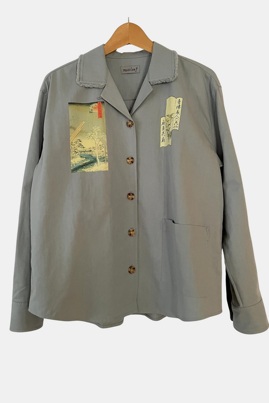 Oaklee - Open Collar Shirt Jacket with Japanese Old Art Print - Steel Blue