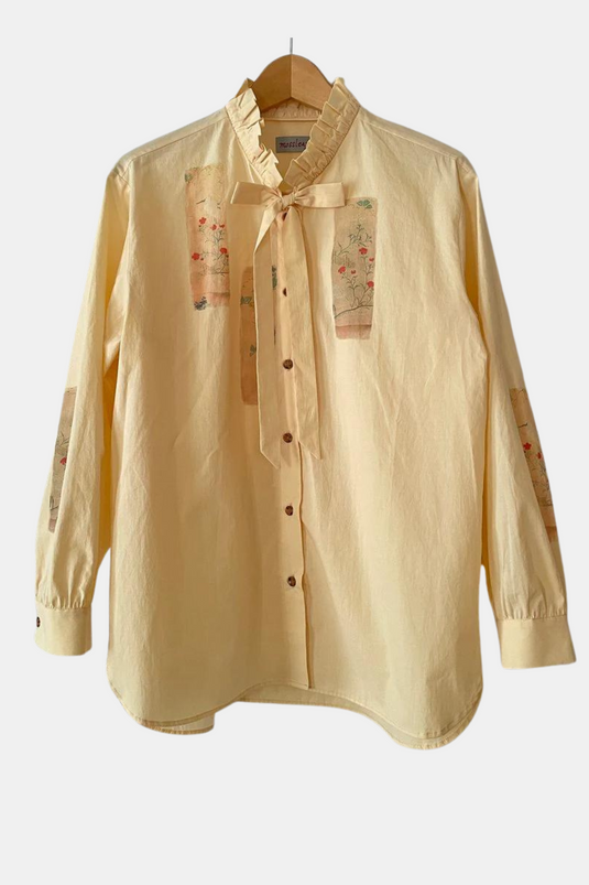 Remi - Ruffle and Ribbon Neck Blouse with Panel Art Print - Hazel