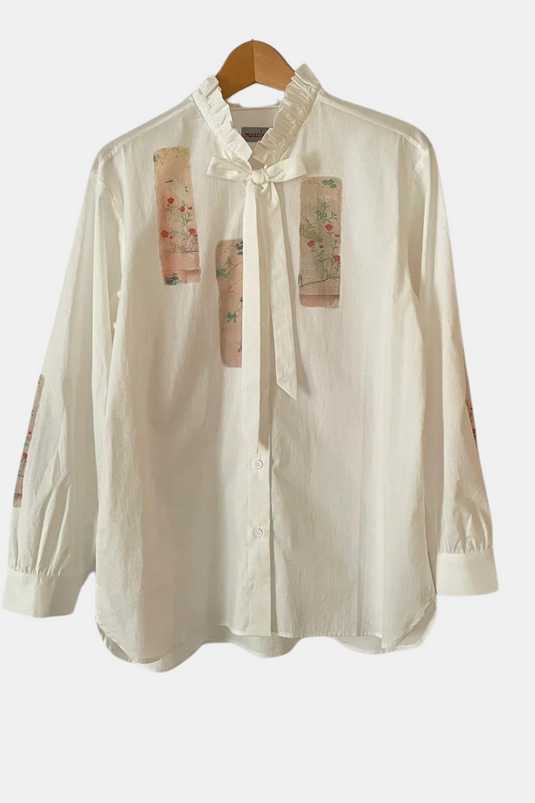 Remi - Ruffle and Ribbon Neck Blouse with Panel Art Print - White