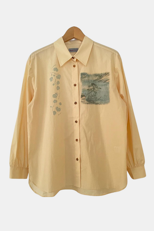 Willa - Pointed Collar Shirt with Asian Painting Print - Hazel