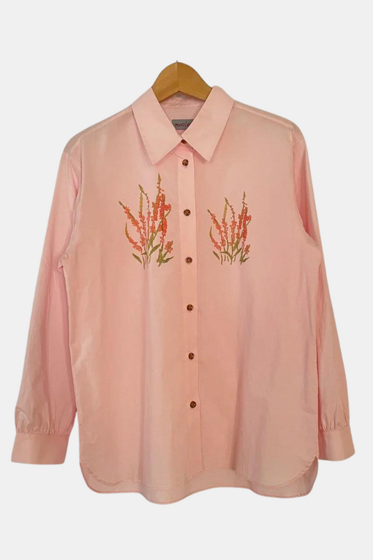 Elyse - Pointed Collar Shirt with Coral Wild Flower Print - Light Rose