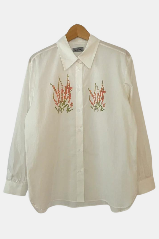 Elyse - Pointed Collar Shirt with Coral Wild Flower Print - White