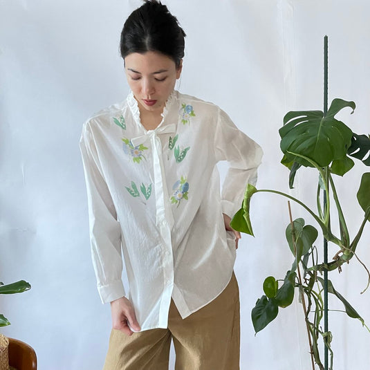 Claire - Ruffle and Ribbon Neck Blouse with Morning Glory Flower Print - White