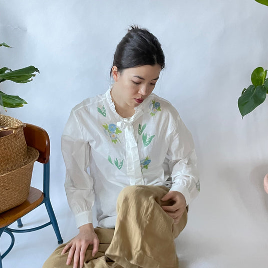 Claire - Ruffle and Ribbon Neck Blouse with Morning Glory Flower Print - White