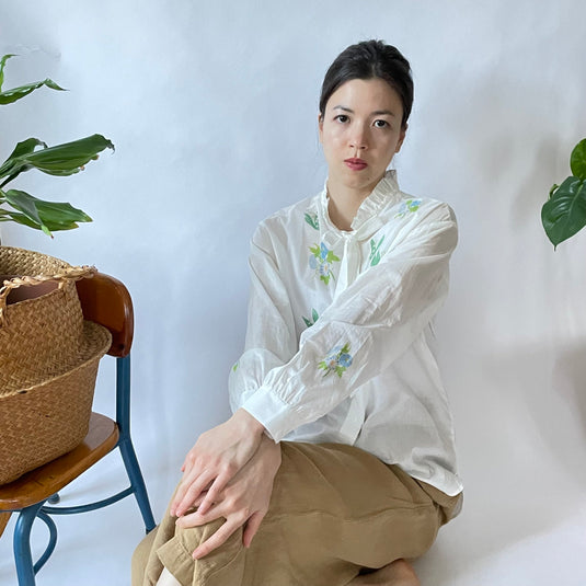 Claire - Ruffle and Ribbon Neck Blouse with Morning Glory Flower Print - White