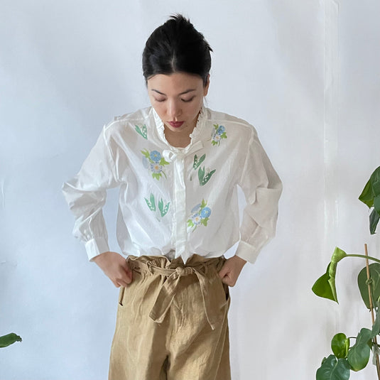 Claire - Ruffle and Ribbon Neck Blouse with Morning Glory Flower Print - White