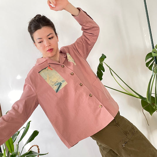 Oaklee - Open Collar Shirt Jacket with Japanese Old Art Print - Old Rose