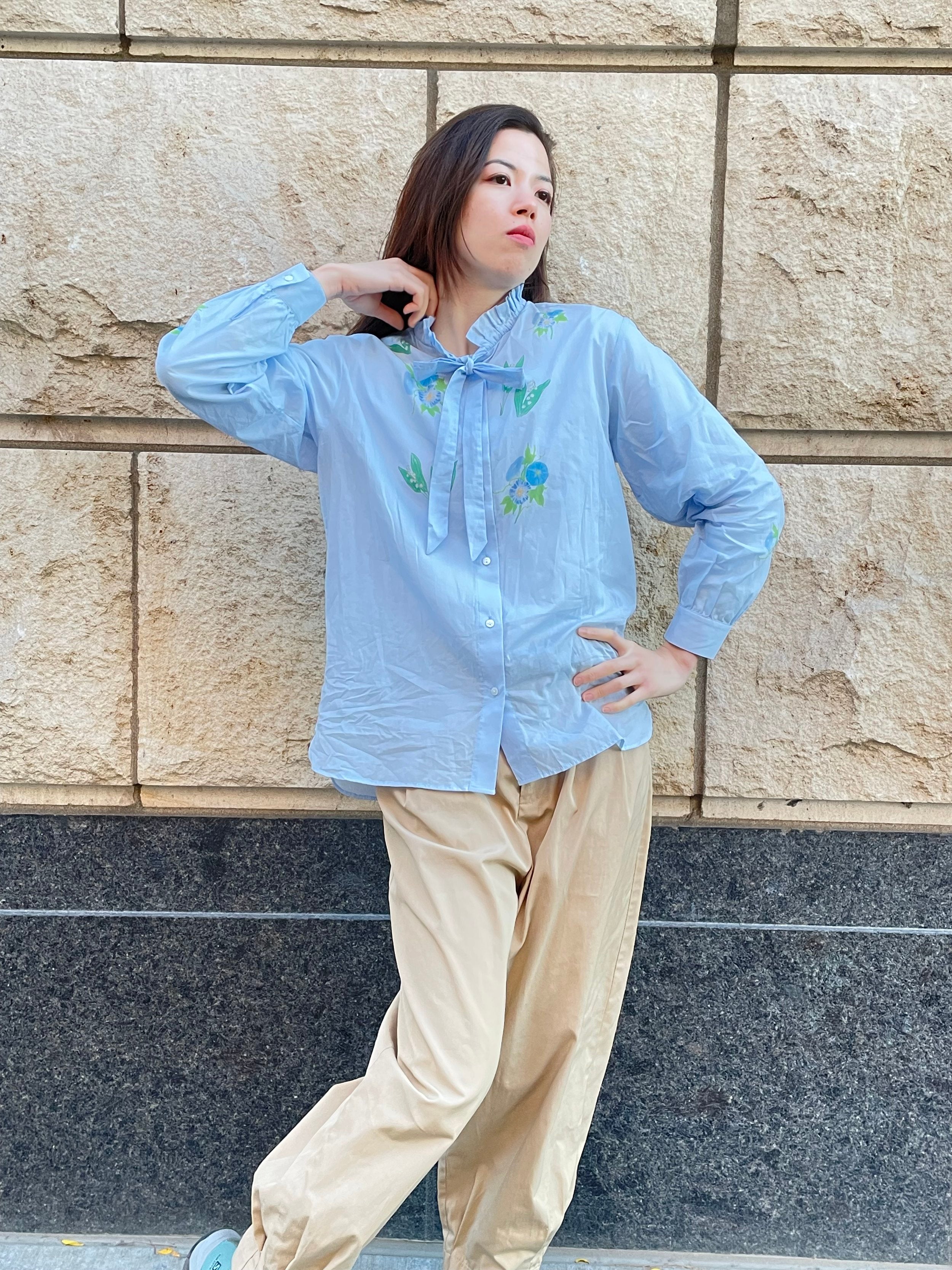 Claire - Ruffle and Ribbon Neck Blouse with Morning Glory Flower Print