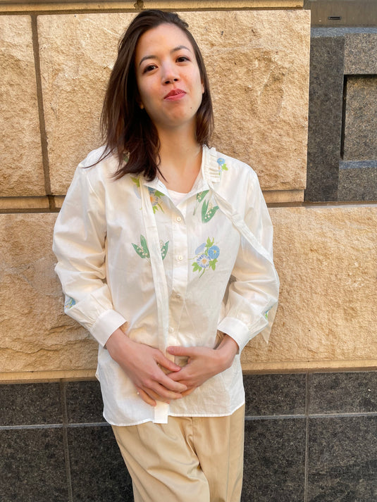 Claire - Ruffle and Ribbon Neck Blouse with Morning Glory Flower Print - White