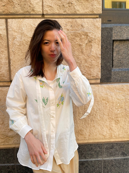 Claire - Ruffle and Ribbon Neck Blouse with Morning Glory Flower Print - White