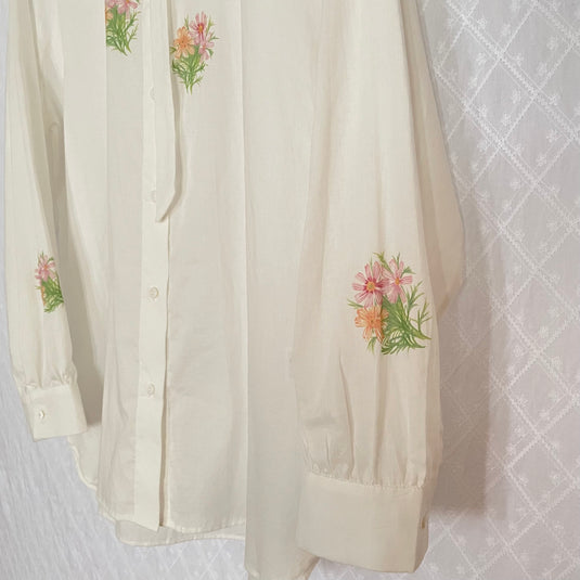 Miley - Ruffle and Ribbon Neck Blouse with Cosmos Flower Print - White