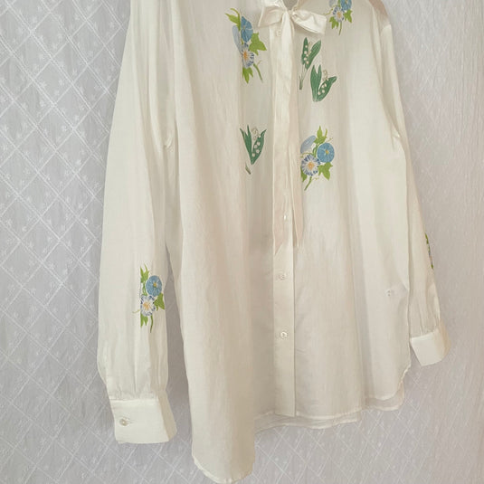 Claire - Ruffle and Ribbon Neck Blouse with Morning Glory Flower Print - White