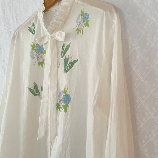 Claire - Ruffle and Ribbon Neck Blouse with Morning Glory Flower Print - White