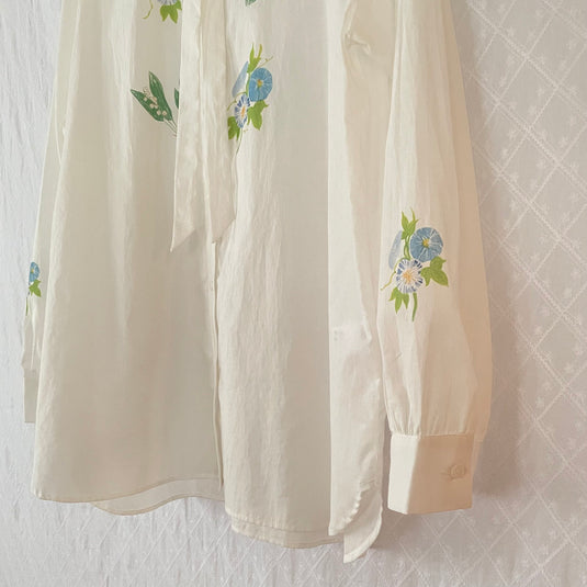 Claire - Ruffle and Ribbon Neck Blouse with Morning Glory Flower Print - White