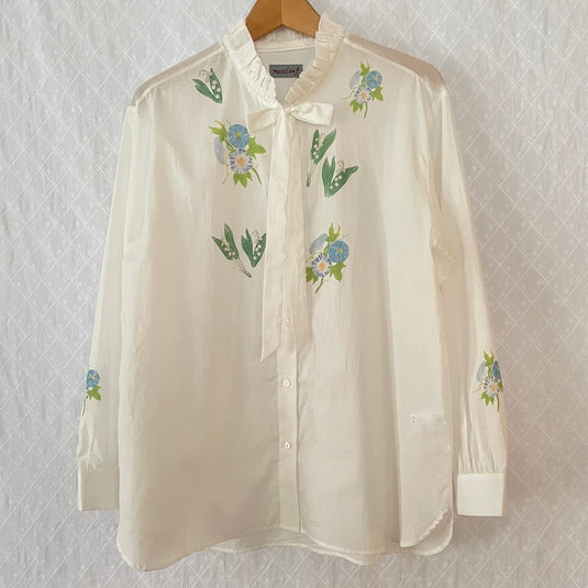 Claire - Ruffle and Ribbon Neck Blouse with Morning Glory Flower Print - White