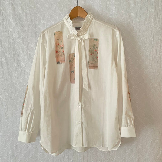 Remi - Ruffle and Ribbon Neck Blouse with Panel Art Print - White