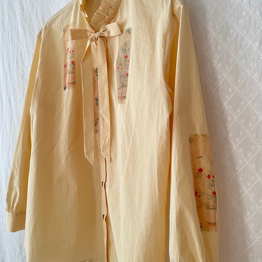 Remi - Ruffle and Ribbon Neck Blouse with Panel Art Print - Hazel